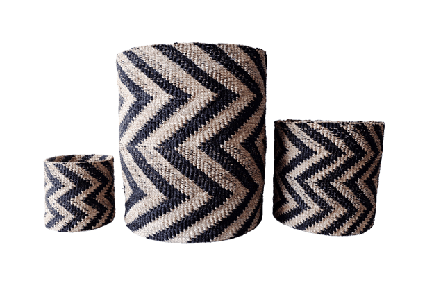 Abaca Round Basket CHEVRON Black-Natural.
