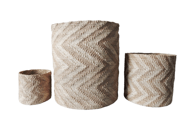 Abaca Round Basket CHEVRON Natural-Bleached.